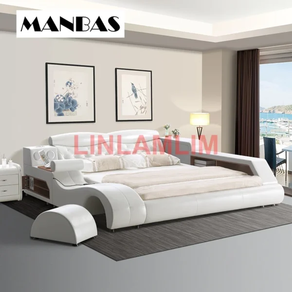 MANBAS Genuine Leather multifunctional massage bed frame camas rectangle ultimate bed With storage Bluetooth speaker safe  beds