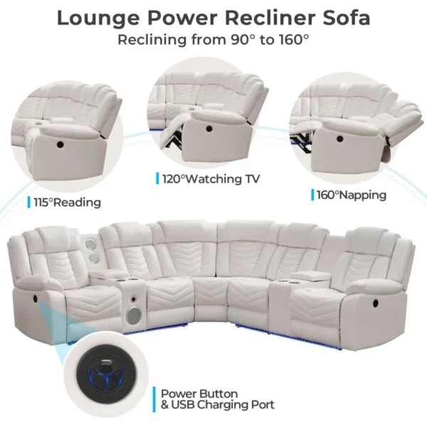 Power Recliner Sectional Sofa Couches with Bass Speakers for Living Room,Leather Reclining Corner Sectionals Sofa Couch Sets wit - Image 4