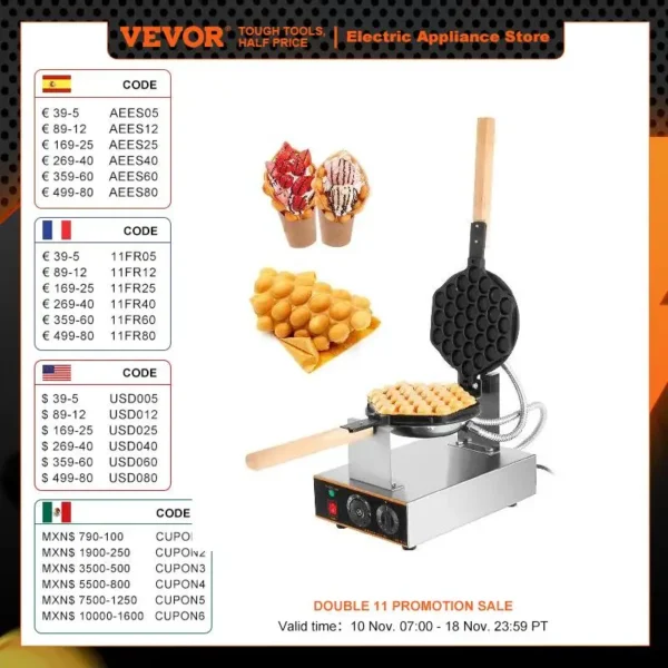 VEVOR Egg Bubble Electric Waffle Maker Nonstick Waffle Making Machine Home Appliance Gaufriers Baking Snack Gaufres Waffle Irons