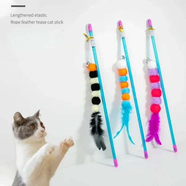 Funny Kitten Cat Teaser Interactive Toy Rod with Bell and Feather Toys for Cats Teaser Interactive Toy Rod Pet Cats Toys Stick