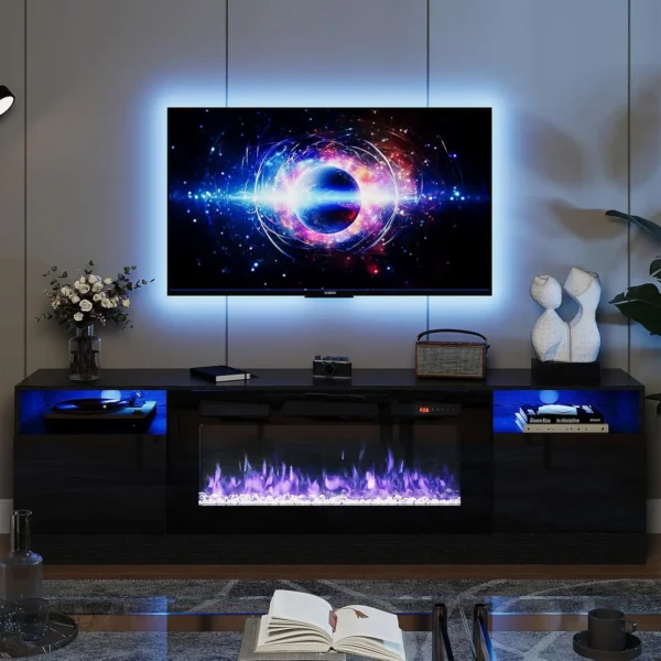 Fireplace TV Stand with 36" Electric Fireplace, LED Light Entertainment Center, Modern Wood Texture Entertainment Stand