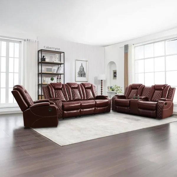 recliner, Recliner Sofa Set, Leather Reclining Sofa with USB Port/Wireless Charger/Storage Console/Cup Holder, Sofa Living Room - Image 9