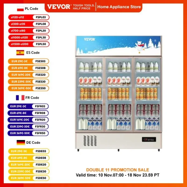 VEVOR Commercial Refrigerator,Display Fridge Upright Beverage Cooler, Glass Door with LED Light for Home, Store, Gym or Office