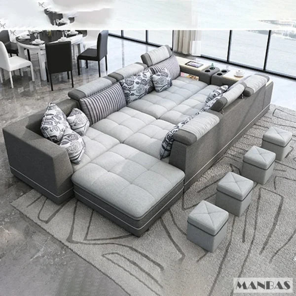 MINGDIBAO Nordic Fabric Sofa Set with Bluetooth Speaker & USB - Modern Living Room Modular Sofas Big U Shape Corner Cloth Couch - Image 4