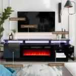 Electric Fireplace with LED Light, Entertainment Center, 2 Tier Console Stand for TVs Up to 80 ", Black, Modern TV Stand, 70"