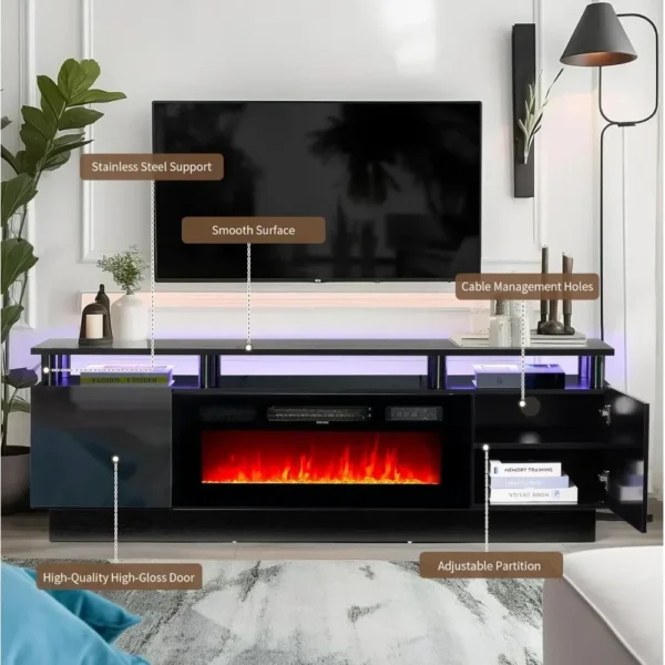 Electric Fireplace with LED Light, Entertainment Center, 2 Tier Console Stand for TVs Up to 80 ", Black, Modern TV Stand, 70" - Image 6