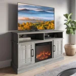 Traditional 58" Rustic TV Stand with 23" Electric Fireplace Heater with Sound, Media Entertainment Center Console Table for