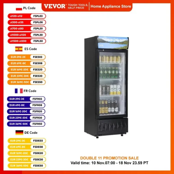 VEVOR Commercial Refrigerator,195L 275L 345L 420L Beverage Refrigerator Cooler, Glass Door Display Refrigerator Upright Fridge