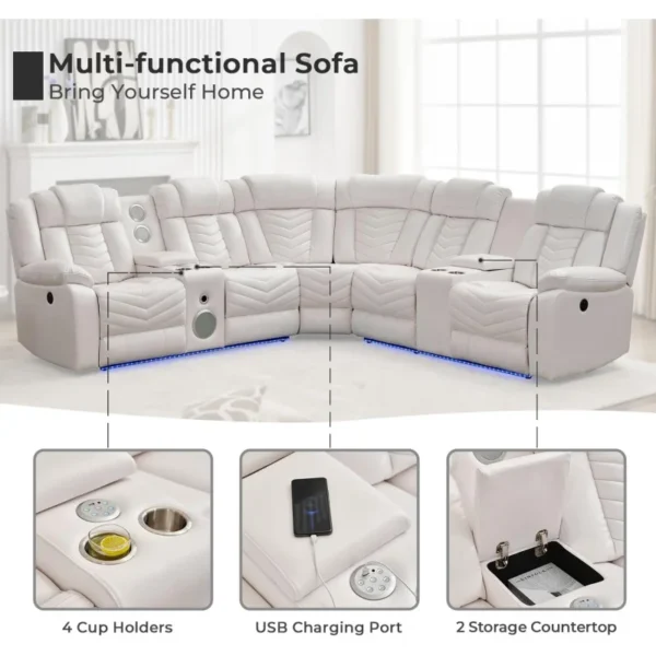 Power Recliner Sectional Sofa Couches with Bass Speakers for Living Room,Leather Reclining Corner Sectionals Sofa Couch Sets wit - Image 5