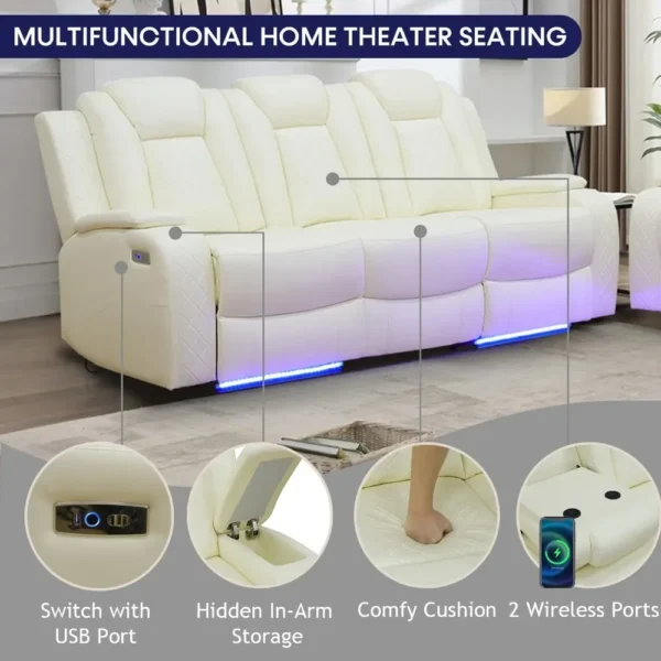 Recliner Sofa Set, Leather Reclining Sofa with USB Port/Wireless Charger/Storage Console/Cup Holder, Sofa Living Room Furniture - Image 4