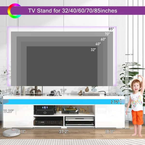 LED TV Stand for 85 Inch TV, Modern Gaming TV Stand with Power Outlet, High Gloss TV Console Entertainment Center with Storage a - Image 4