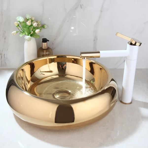 JIENI Bathroom Bath Luxury Ceramic Round Golden Plated Combine Mixer Set Lavatory Washbasin Sink Brass Faucet Set w/ Pop Drain - Image 3