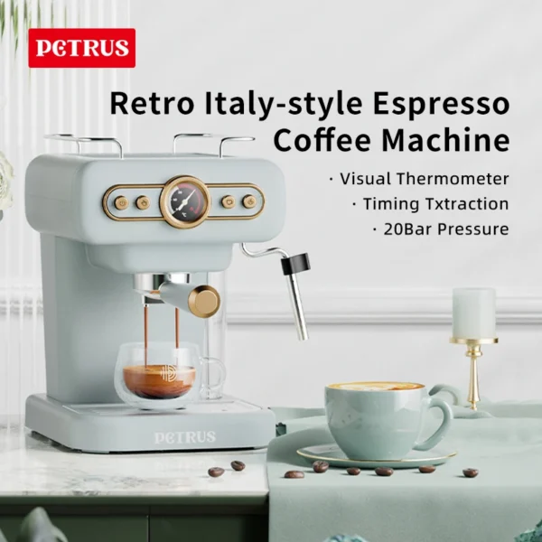 Petrus Coffee Machine Espresso Coffee Maker Latte Cappuccino Maker 20 Bar Semi-automatic Espresso Machine With Steam Milk Bubble