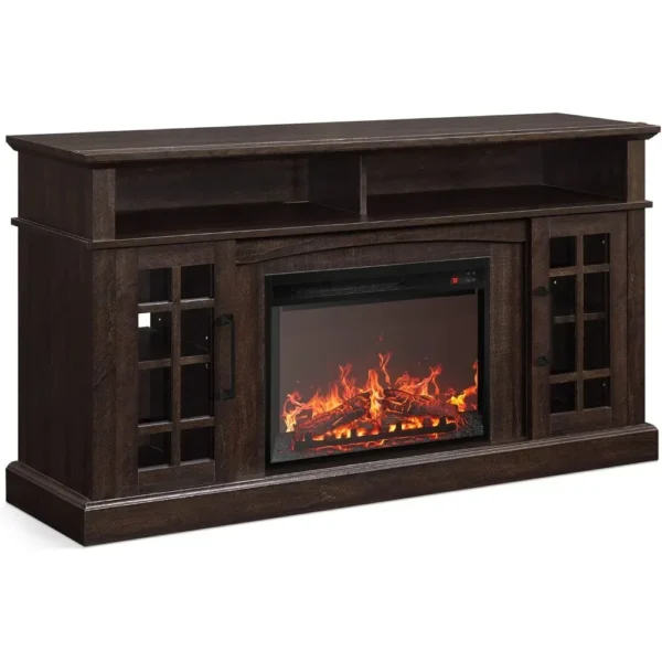 Traditional 58" Rustic TV Stand with 23" Electric Fireplace Heater with Sound, Media Entertainment Center Console Table for - Image 2