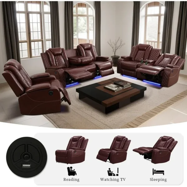 Living Room Set Breathing Leather Sofa Power Recliner Sofa, Cup Holders Storage Console LED Light Wireless Charger, recliner - Image 6