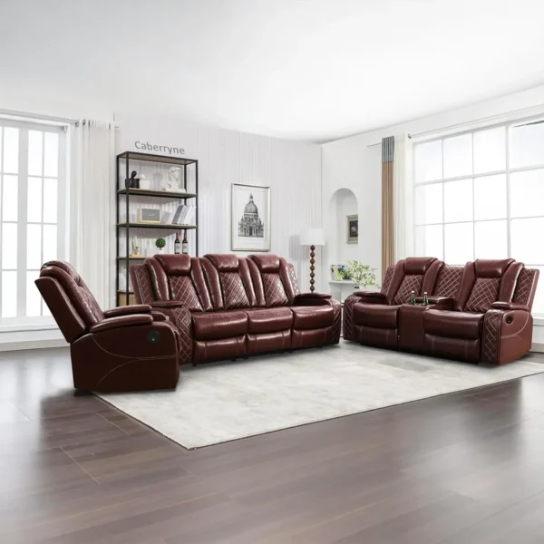 Recliner Sofa Set, Leather Reclining Sofa with USB Port/Wireless Charger/Storage Console/Cup Holder, Sofa Living Room Furniture - Image 9