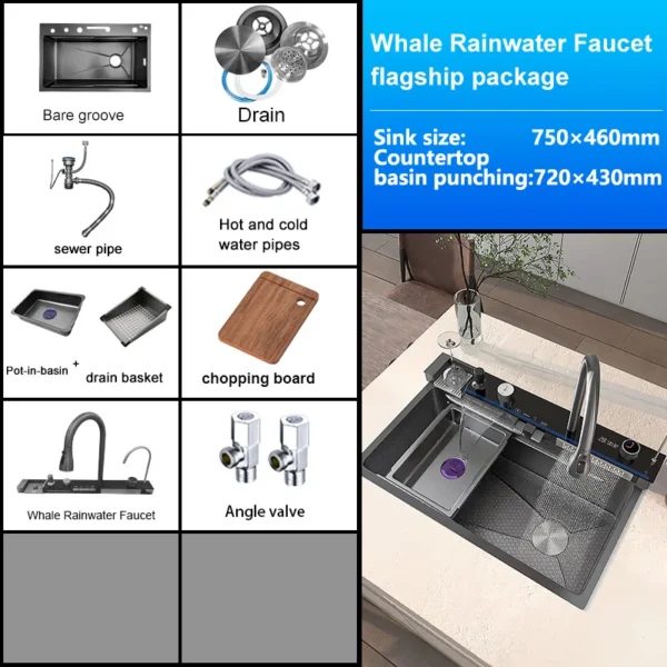 Stainless Steel Kitchen Sink With Waterfall Multifunctional Large Single Slot Embossed Vegetable Dishwashing Wash Basin - Image 8