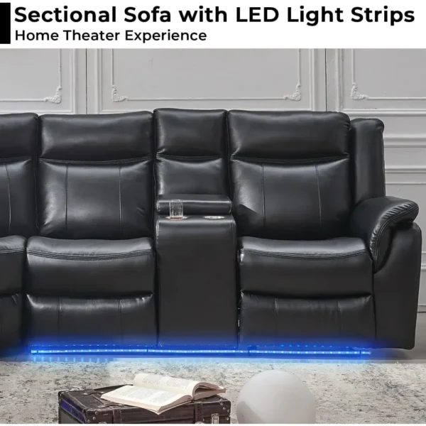 recliner，Manual Recliner Sofa Sectional Couches with LED Light for Living Room, Leather Reclining Corner Sectionals Sofa - Image 3