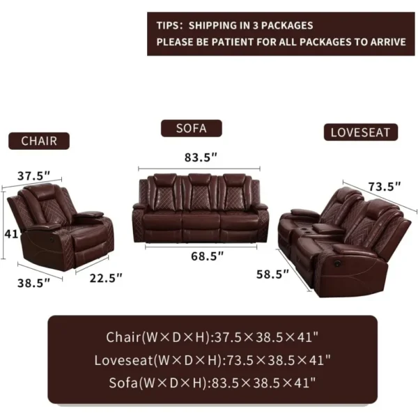 Living Room Set Breathing Leather Sofa Power Recliner Sofa, Cup Holders Storage Console LED Light Wireless Charger, recliner - Image 2