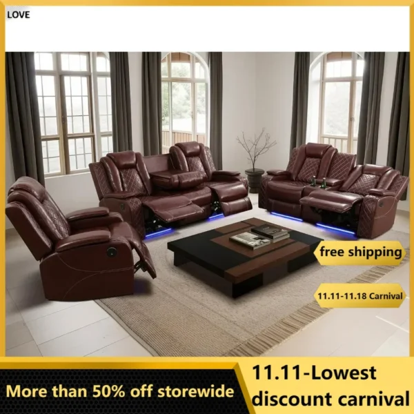 Living Room Set Breathing Leather Sofa Power Recliner Sofa, Cup Holders Storage Console LED Light Wireless Charger, recliner