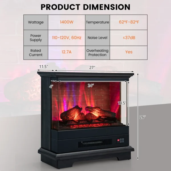 27" Electric Fireplace Heater Freestanding 1400W Remote Control Timing Function - Image 2