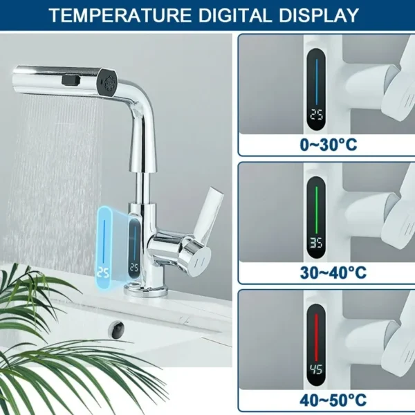 Temperature Digital Display Basin Faucet For Bathroom Pull Out Waterfall Stream 3 Way Sprayer Hot Cold Water Sink Mixer Wash Tap - Image 2