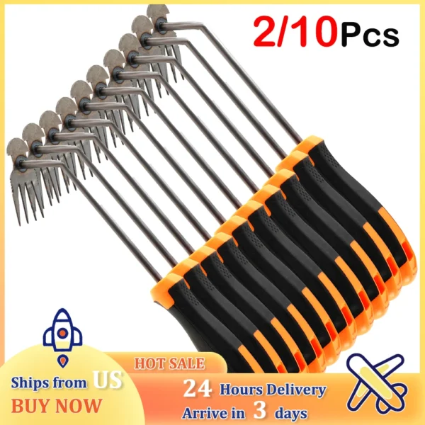 2 In 1 Garden Hoe Long Handle Manual Uprooting Weeding Rake 4 Teeth Weeding Artifact for Gardening Weed Puller Tools 2/10Pcs