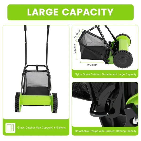 12" Hand Push Mower Lawn Sweeper Manual Reel Grass Catcher Manchine w/5 Blades 23L Collection Bag - Image 3