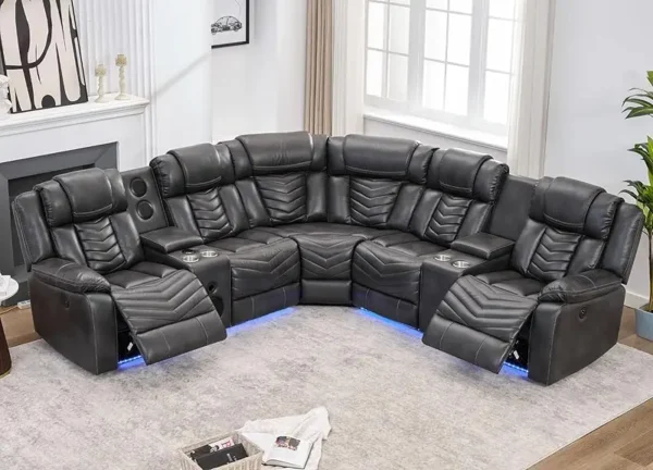 Power Recliner Sectional Sofa Couches with Bass Speakers for Living Room,Leather Reclining Corner Sectionals Sofa Couch Sets wit - Image 8