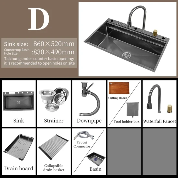 Waterfall Kitchen Sink Nanometer 304 Stainless Steel Large Single Slot Kitchen Accessories Waterfall Faucet Vegetable Basin - Image 12