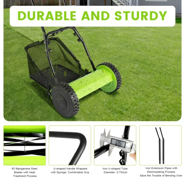 12" Hand Push Mower Lawn Sweeper Manual Reel Grass Catcher Manchine w/5 Blades 23L Collection Bag - Image 2