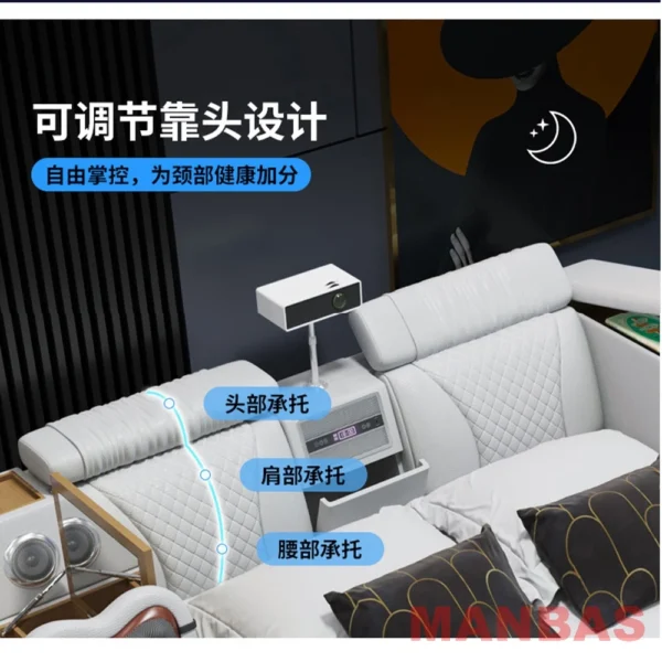 MINGDIBAO Tech Smart Bed - Genuine Leather Upholstery, Multifunctional Bed Frame, Massage, Speaker, Projector and Air Purifier - Image 4