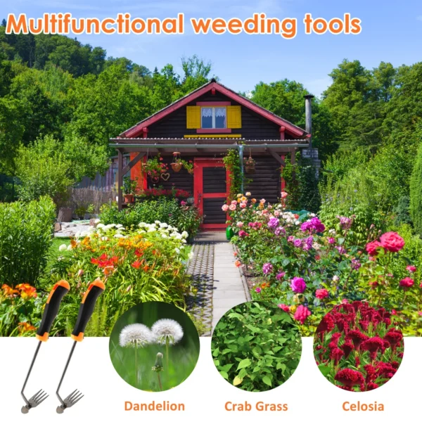 2 In 1 Garden Hoe Long Handle Manual Uprooting Weeding Rake 4 Teeth Weeding Artifact for Gardening Weed Puller Tools 2/10Pcs - Image 2