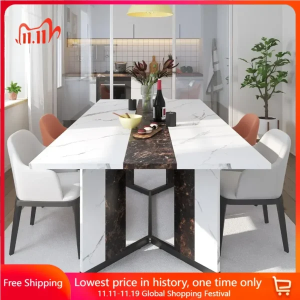 Dining Table Sets,71In Rectangular White Dining Table  W/35 Marble-Color Wood Watrproof Tabletop,Living Room Dinings Table Set