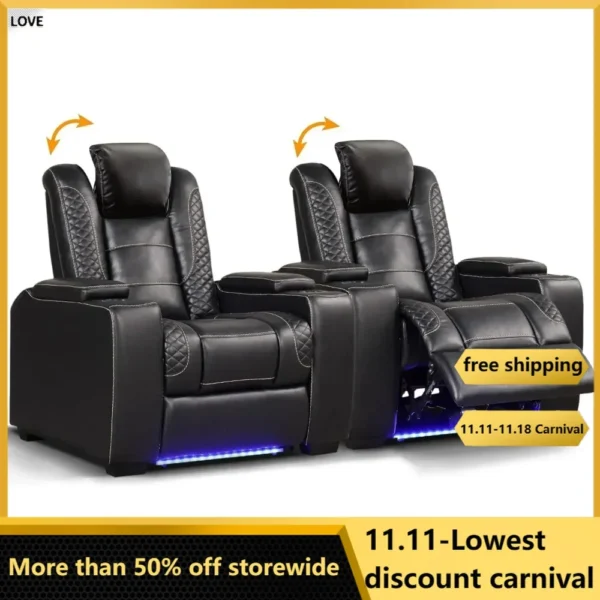 PU Reclining Sofas with Powered Headrest, LED Lights, USB Port, Cup Holders, Dual Motors Movie Reclining Chairs