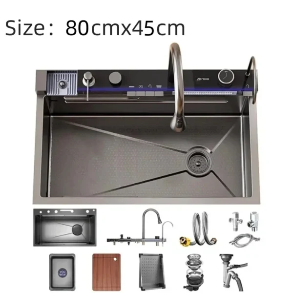 304 Stainless Steel Kitchen Sink Double Waterfall Single Slot Integrated Digital Display Faucet Set Soap dispenser Cup Washer - Image 9