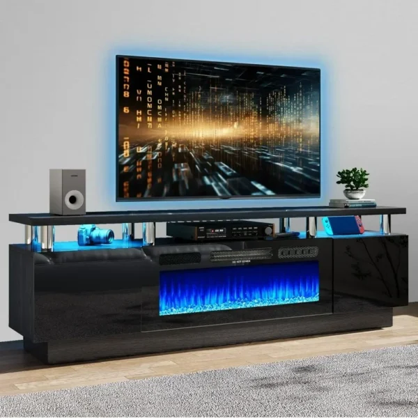 Electric Fireplace with LED Light, Entertainment Center, 2 Tier Console Stand for TVs Up to 80 ", Black, Modern TV Stand, 70" - Image 7