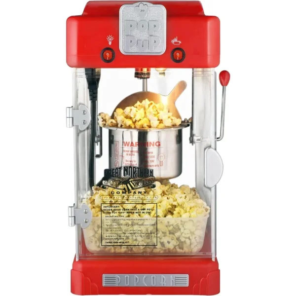 Pop Pup Countertop Popcorn Machine – Tabletop Popper Makes 1 Gallon – 2.5-Ounce Kettle, Catch Tray Warming Light & Scoop, Red