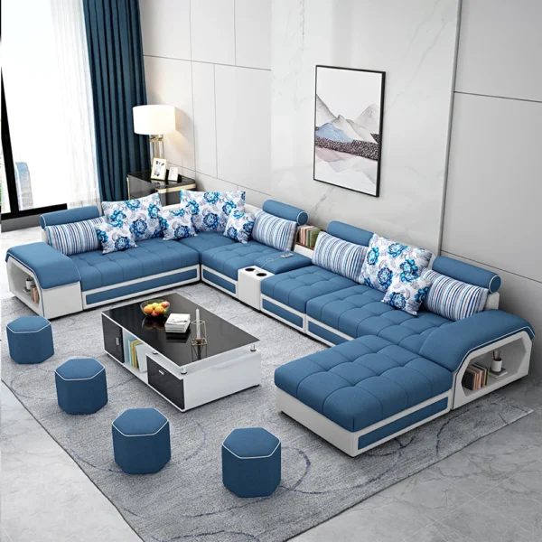 Linlamim Fabric Sofa Set Furniture Living Room Sofa Set with USB and Stools / Big U Shape Cloth Couch Sofas for Home Furniture