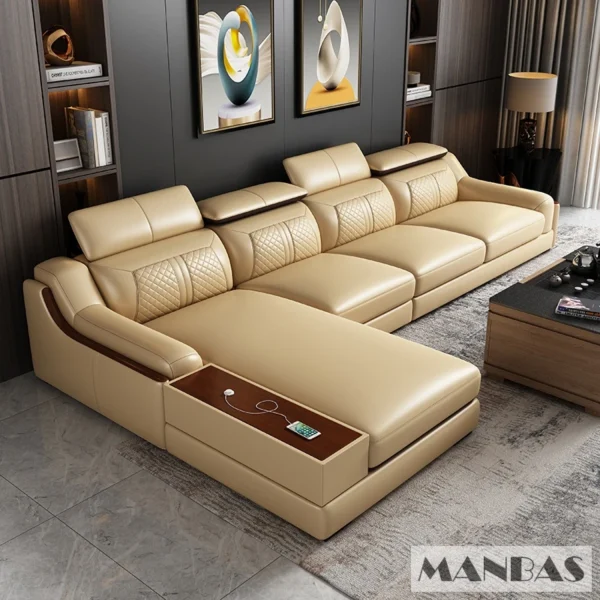 Stylish Italian Genuine Leather Sofa for Living Room with Cup Holder, USB, Adjustable Headrests & Bluetooth Speaker - MINGDIBAO - Image 2