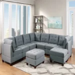 Living Room Furniture Tufted Armless Chair Grey Linen Like Fabric 1pc Armless Chair Cushion Nail heads Wooden Legs On-Site