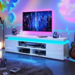 TV Stand for 85 Inch TVs, Entertainment Center with Power Outlet, Storage and LED Lights, Modern High Gloss Gaming TV Stand