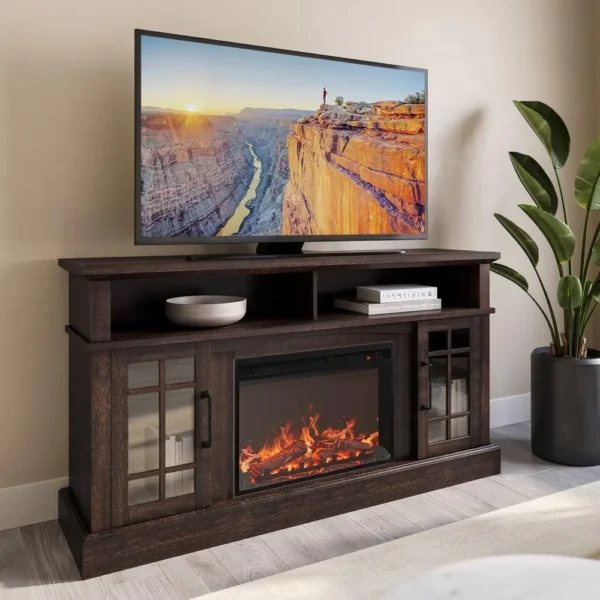 Traditional 58" Rustic TV Stand with 23" Electric Fireplace Heater with Sound, Media Entertainment Center Console Table for