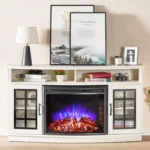 Curved Fireplace TV Stand with 26'' Electric Fireplace, Media Entertainment Center Farmhouse Glass Door Storage Cabinet