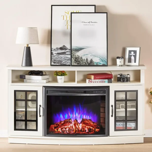 Curved Fireplace TV Stand with 26'' Electric Fireplace, Media Entertainment Center Farmhouse Glass Door Storage Cabinet - Image 9