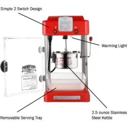 Pop Pup Countertop Popcorn Machine – Tabletop Popper Makes 1 Gallon – 2.5-Ounce Kettle, Catch Tray Warming Light & Scoop, Red - Image 2