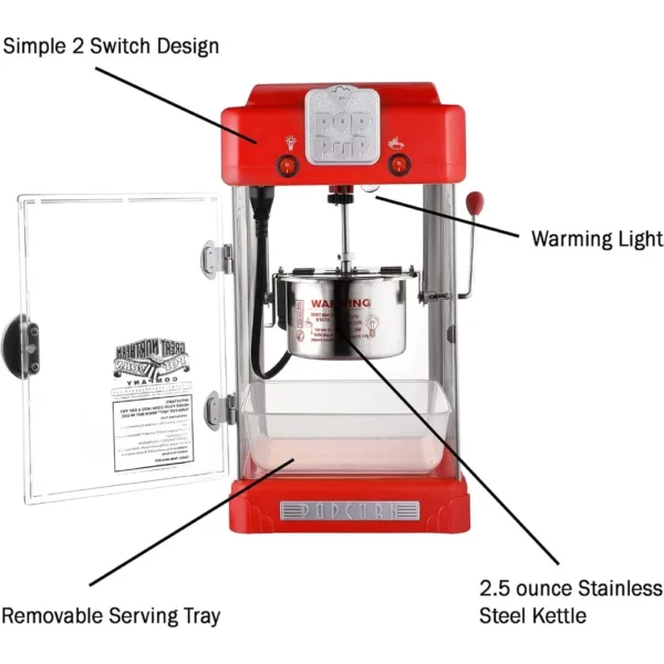 Pop Pup Countertop Popcorn Machine – Tabletop Popper Makes 1 Gallon – 2.5-Ounce Kettle, Catch Tray Warming Light & Scoop, Red - Image 2