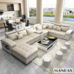 MINGDIBAO Fabric Sofa Set Furniture Living Room Sofa Set with USB and Stools / Big U Shape Cloth Couch Sofas for Home Furniture