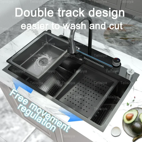 Stainless Steel Kitchen Sink With Waterfall Multifunctional Large Single Slot Embossed Vegetable Dishwashing Wash Basin - Image 2