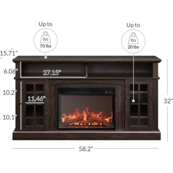 Traditional 58" Rustic TV Stand with 23" Electric Fireplace Heater with Sound, Media Entertainment Center Console Table for - Image 3